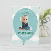 Blue Balloon First Birthday Photo Invitation Kaart (Staand voorkant)