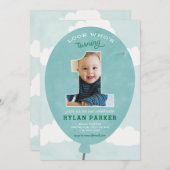 Blue Balloon First Birthday Photo Invitation Kaart (Voorkant / Achterkant)