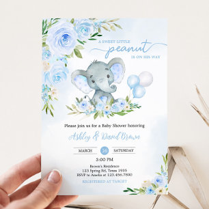 Blue Balloon Floral Elephant Baby shower Kaart