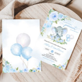 Blue Balloon Floral Elephant Baby shower Kaart