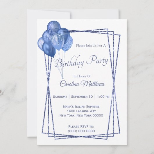 Blue Balloon Glitter Verjaardag Kaart (Voorkant)