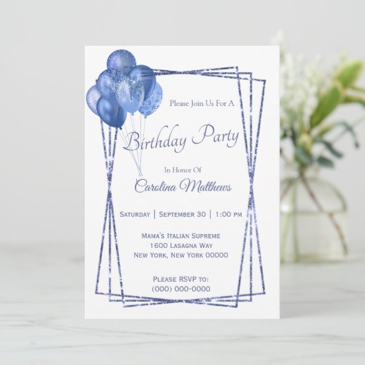 Blue Balloon Glitter Verjaardag Kaart (Staand voorkant)