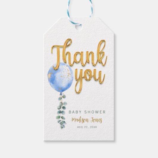 Blue Balloon Gold Script Baby shower Bedankt Cadeaulabel (Voorkant)