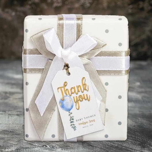 Blue Balloon Gold Script Baby shower Bedankt Cadeaulabel