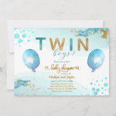 Blue Balloon Gold Twin Boy Baby shower Uitnodiging (Voorkant)