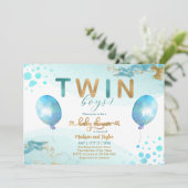 Blue Balloon Gold Twin Boy Baby shower Uitnodiging (Staand voorkant)