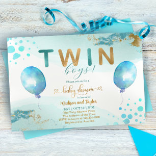 Blue Balloon Gold Twin Boy Baby shower Uitnodiging
