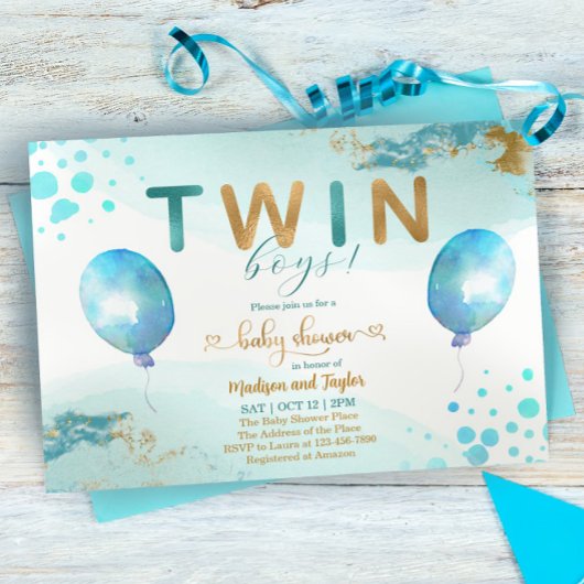 Blue Balloon Gold Twin Boy Baby shower Uitnodiging