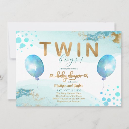 Blue Balloon Gold Twin Boy Baby shower Uitnodiging (Voorkant)