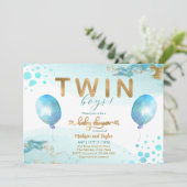 Blue Balloon Gold Twin Boy Baby shower Uitnodiging (Staand voorkant)