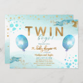 Blue Balloon Gold Twin Boy Baby shower Uitnodiging (Voorkant / Achterkant)