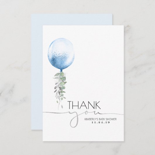 Blue Balloon Greenery Baby shower Hartelijk dank Bedankkaart (Voorkant / Achterkant)