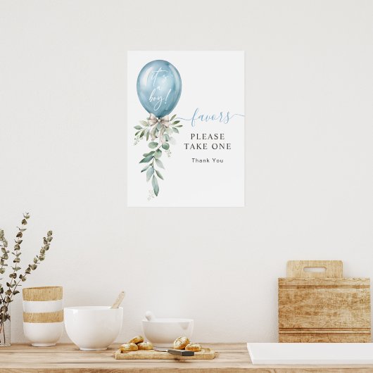 Blue Balloon Greenery Baby shower Take One Favors Poster (Keuken)