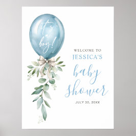 Blue Balloon Greenery Baby Shower Welcome Poster