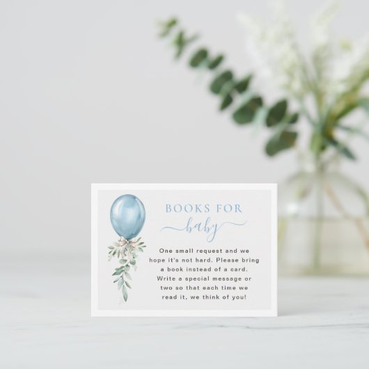 Blue Balloon Greenery Books For Baby Shower Informatiekaartje (Staand voorkant)
