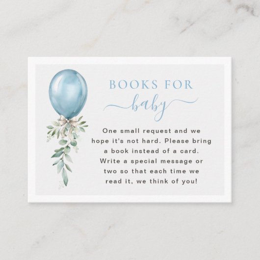 Blue Balloon Greenery Books For Baby Shower Informatiekaartje (Voorkant)