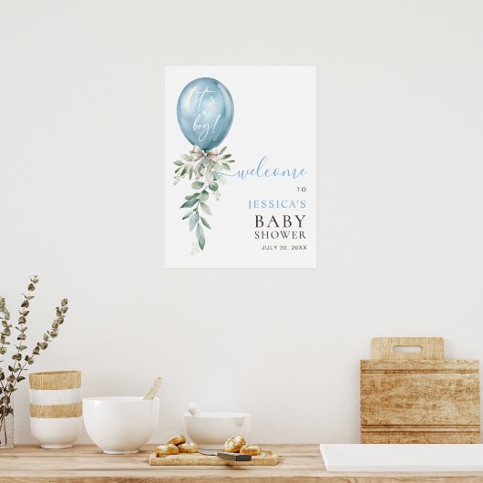 Blue Balloon Greenery Bow Baby Shower Welcome Poster (Keuken)