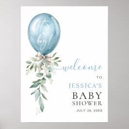 Blue Balloon Greenery Bow Baby Shower Welcome Poster
