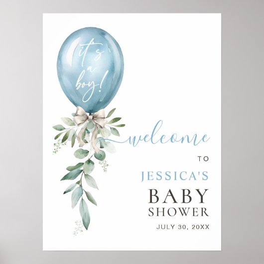 Blue Balloon Greenery Bow Baby Shower Welcome Poster (Voorkant)