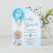Blue Balloon Oh Boy Teddy beer baby shower Kaart (Staand voorkant)