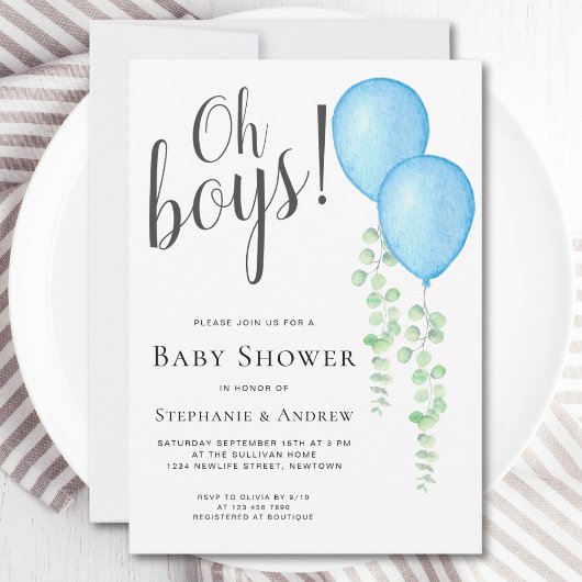 Blue Balloon Oh Boys Couple's Twins Baby shower Kaart