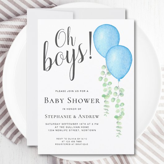 Blue Balloon Oh Boys Couple's Twins Baby shower Kaart