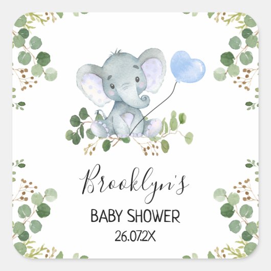 Blue Balloon Olifant Baby shower Favor Sticker (Voorkant)