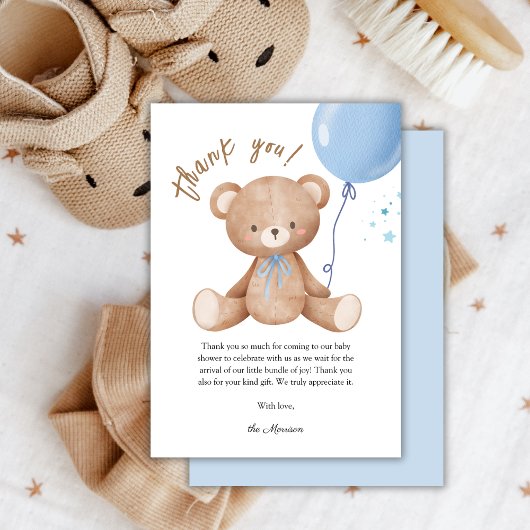 Blue Balloon Teddy Bear Baby shower Dank u Kaart