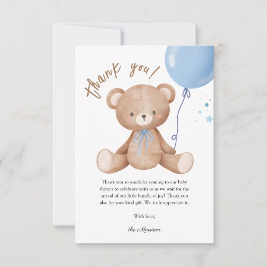 Blue Balloon Teddy Bear Baby shower Dank u Kaart (Voorkant)