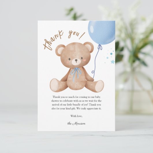 Blue Balloon Teddy Bear Baby shower Dank u Kaart (Staand voorkant)