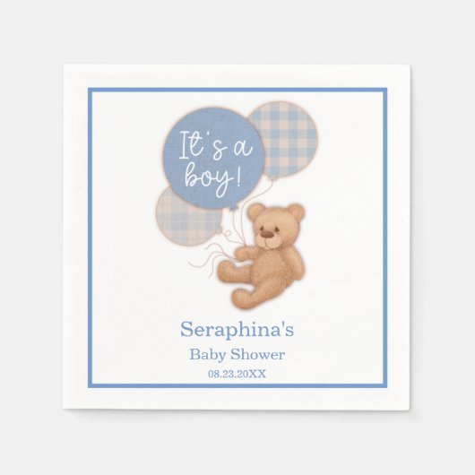 Blue Balloon Teddy Bear Baby shower Napkins Servet (Voorkant)