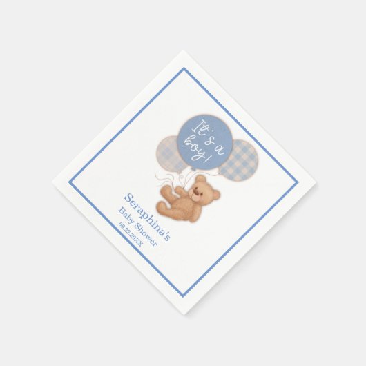 Blue Balloon Teddy Bear Baby shower Napkins Servet (Hoek)