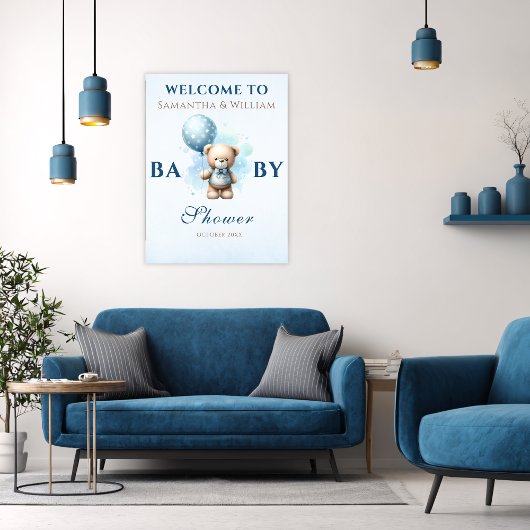 Blue Balloon Teddy Bear Boy Baby shower Poster