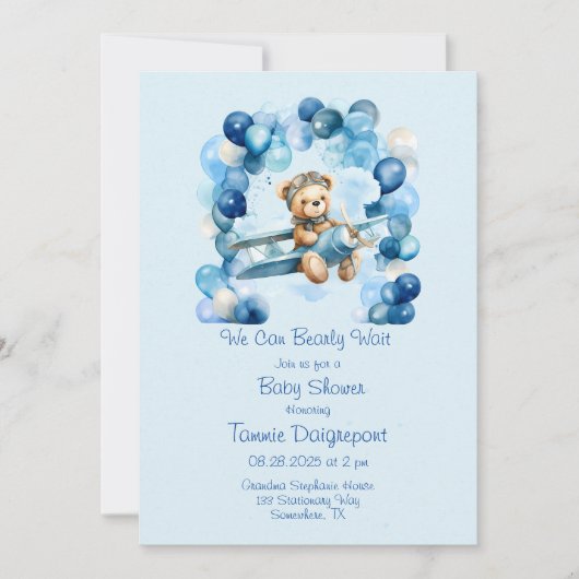 Blue Balloon Teddy Bear Vliegtuig Jongen Baby show Kaart (Voorkant)