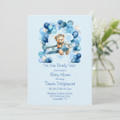 Blue Balloon Teddy Bear Vliegtuig Jongen Baby show Kaart (Staand voorkant)