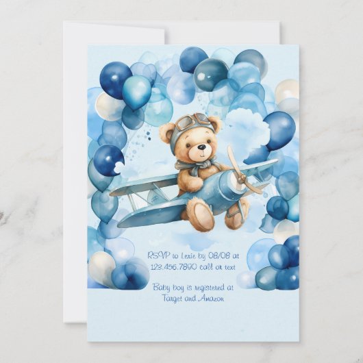 Blue Balloon Teddy Bear Vliegtuig Jongen Baby show Kaart (Achterkant)