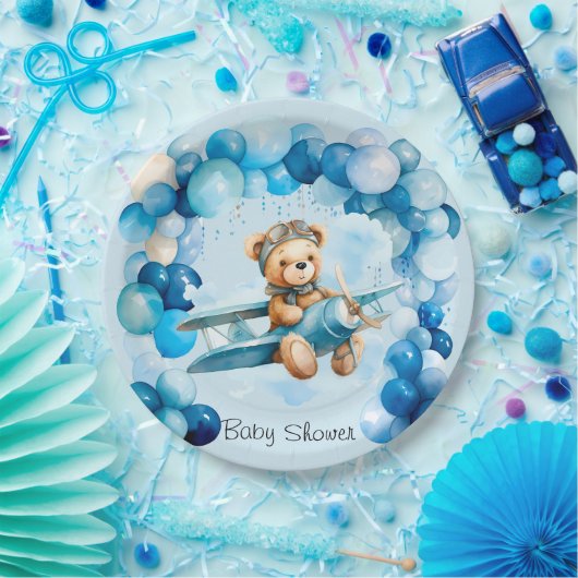 Blue Balloon Teddy Bear Vliegtuig Jongen Baby show Papieren Bordje (Feest)
