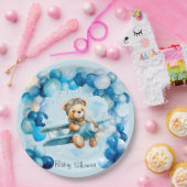 Blue Balloon Teddy Bear Vliegtuig Jongen Baby show Papieren Bordje (Feest)