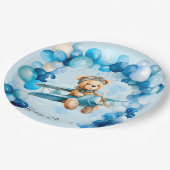 Blue Balloon Teddy Bear Vliegtuig Jongen Baby show Papieren Bordje (Gekanteld)