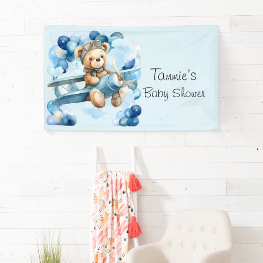Blue Balloon Teddy Bear Vliegtuig Jongen Baby show Spandoek (Insitu)