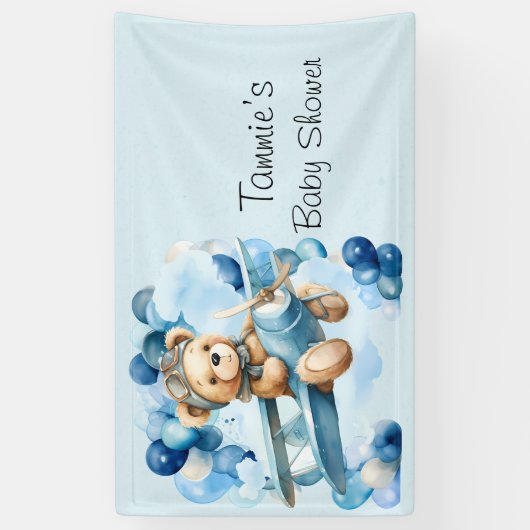 Blue Balloon Teddy Bear Vliegtuig Jongen Baby show Spandoek (Verticaal)
