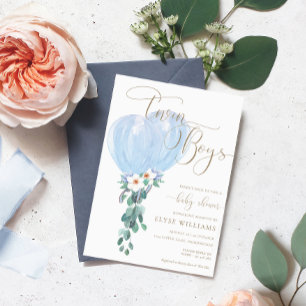 Blue Balloon Twin Boys Baby shower Kaart