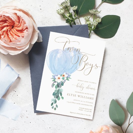 Blue Balloon Twin Boys Baby shower Kaart