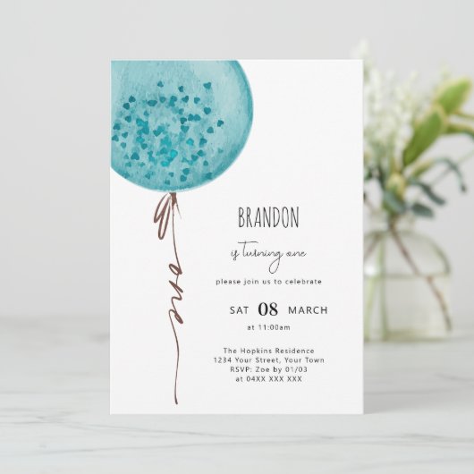 Blue Balloon Waterverf Verjaardagsfeestuitnodiging Kaart (Staand voorkant)