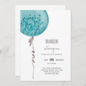 Blue Balloon Waterverf Verjaardagsfeestuitnodiging Kaart (Voorkant / Achterkant)