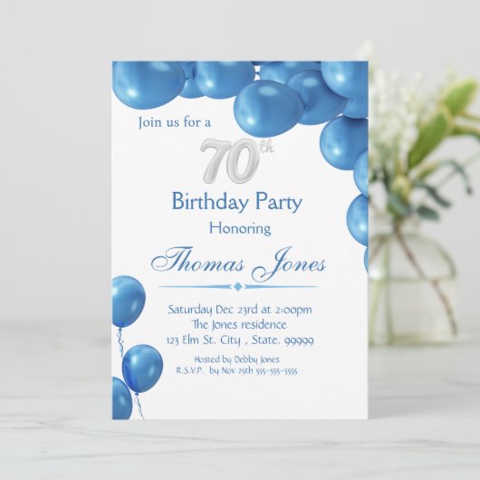 Blue Balloons 70e verjaardag uitnodiging (Staand voorkant)