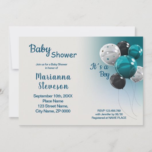 BLUE BALLOONS BABY SHOWER BOY INVITATIE KAART (Voorkant)