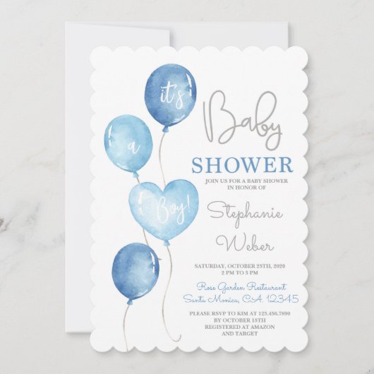 Blue Balloons Baby shower Boy Invitation Kaart (Voorkant)