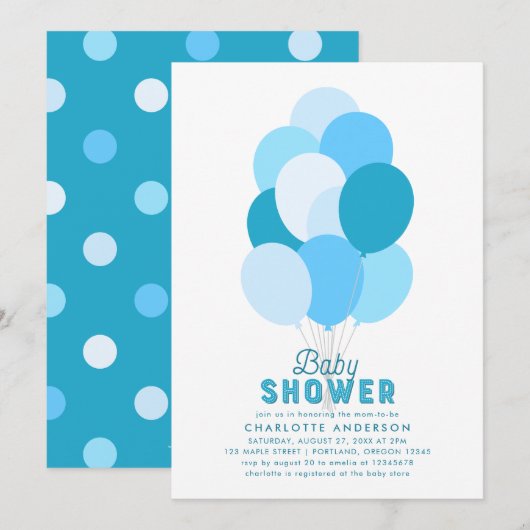 Blue Balloons Baby shower Invitation Kaart (Voorkant / Achterkant)
