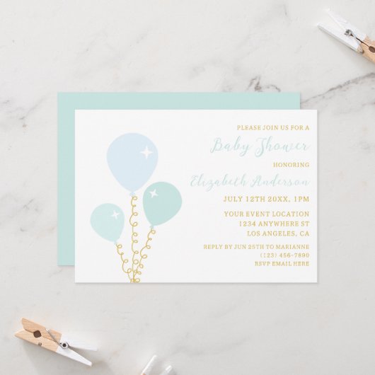Blue Balloons Boy Baby Shower Kaart (Voorkant / Achterkant in situ)